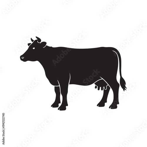 Dark silhouette of cow. Agriculture and farming. Biology and nature, fauna. Sticker for social networks and messengers. Teaching material, learning and training. Cartoon flat vector illustration
