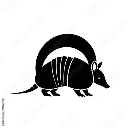 Black and white illustration of an armadillo with a curved tail, isolated on white.