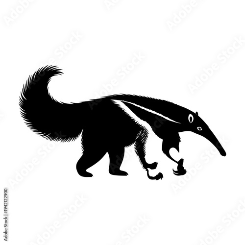 Black and white illustration of an anteater walking with its prey.
