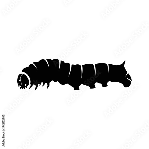 Black and white silhouette of a caterpillar crawling on a white background.