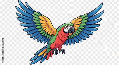 Colorful cartoon parrot flying with spread wings illustration