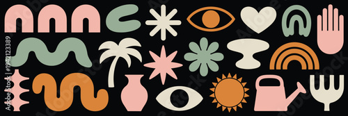 Mid Century Modern Abstract Shapes and Icons Collection on Black Background retro boho