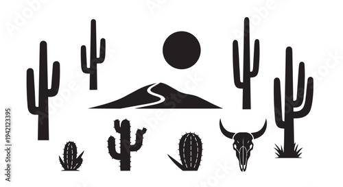 Desert landscape elements set including cacti, hill, sun, and bull skull silhouette design elements