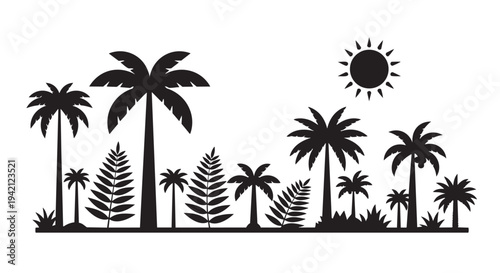 Tropical paradise silhouette illustration with palm trees and sun in a serene landscape design