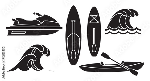 Water sports equipment icons set including kayaks canoes jet skis and waves in simple black design