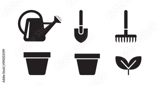 Gardening tools and plant pots set in simple black icon design style vector illustration