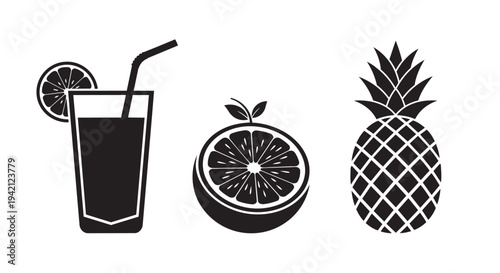 Fresh fruit cocktail drink with orange and pineapple graphic illustration set on white background
