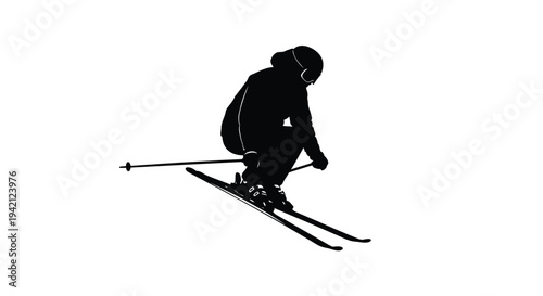 Vector silhouette of a skier in motion on white background