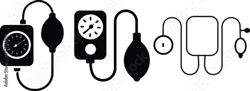 Blood pressure monitor vector icon set with sphygmomanometer silhouettes and outline medical equipment for healthcare design