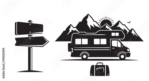 Camper van traveling on road trip vacation with mountains and signs for navigation direction