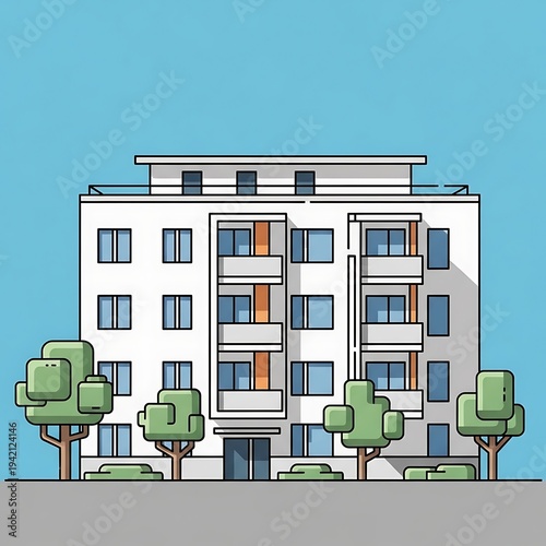 Modern apartment building with trees.