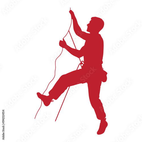 red silhouette of a man rock climbing with ropes attached to his harness one leg raised  climbing