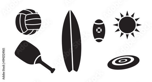 Summer sports icons collection including volleyball, surfboard, tennis, and beach accessories in minimalist style