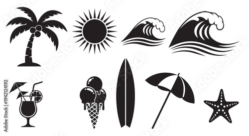 Beach elements collection including palm tree, sun, waves, cocktail, ice cream, surfboard, umbrella, starfish