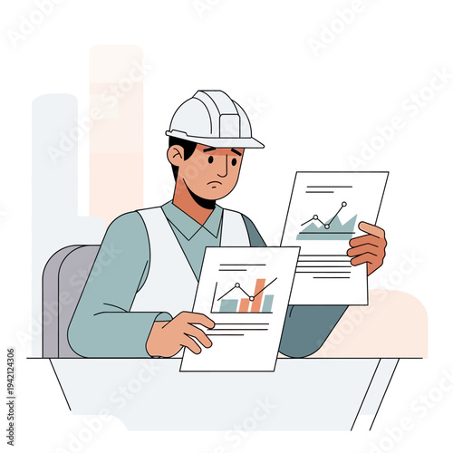 Engineer analyzing construction project reports and data.