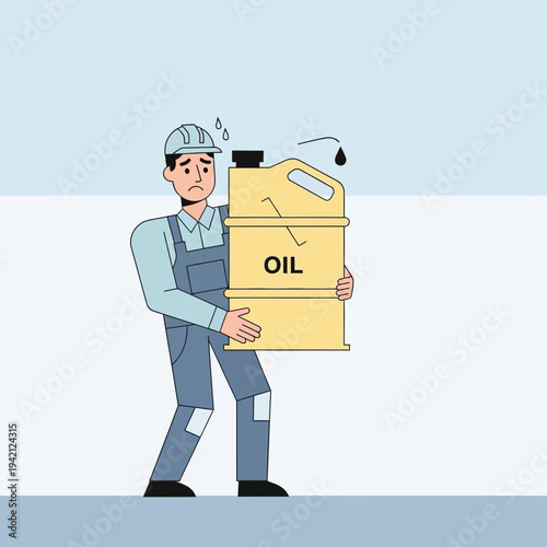 Tired worker carrying heavy oil barrel.