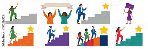 CAREER GROWTH - Woman climbing a flight of stairs toward a bright star  Flat Vector Illustration on Transparent Background