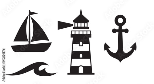 Lighthouse anchor and sailboat maritime navigation nautical symbols illustration set on white background
