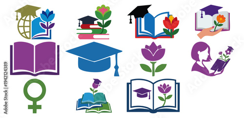 EDUCATION - Open book with a graduation cap and a blooming flower  Flat Vector Illustration on Transparent Background
