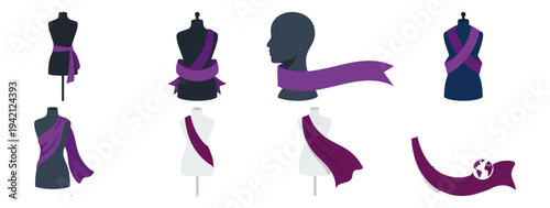 FASHION AND STYLE - Elegant mannequin wearing a purple silk sash  Flat Vector Illustration on Transparent Background