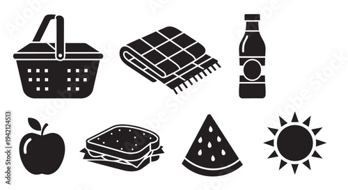 Collection of summer picnic icons including basket towel bottle and refreshing food items