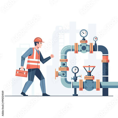 Industrial worker inspecting pipeline system.