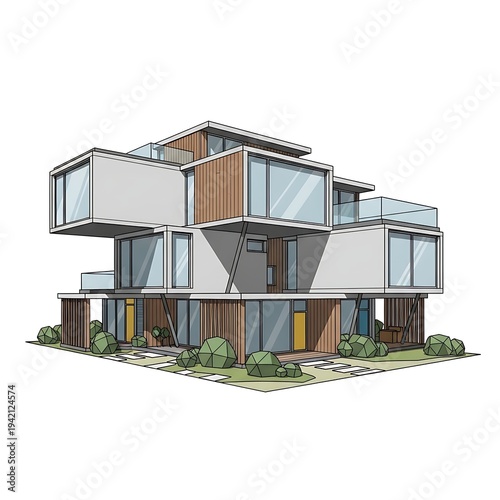 Modern multi-level house with balconies.