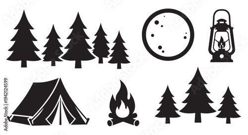 Camping icons set including tent, trees, lantern, and campfire in silhouette design elements