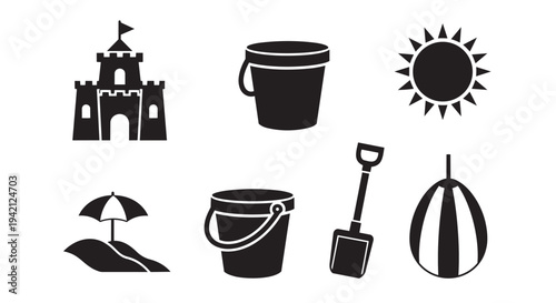 Beach vacation icons set including sandcastle bucket shovel and parasol for summer graphics