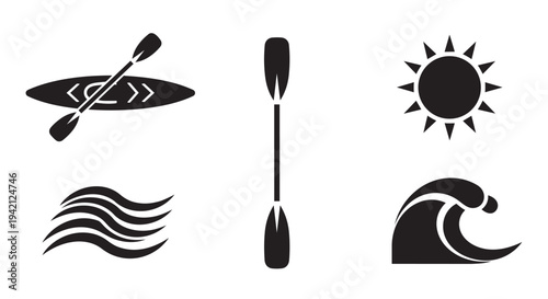 Collection of nautical elements canoe paddle wave and sun in minimalist black design style