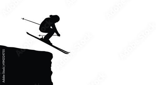 Silhouette of skier jumping off cliff vector