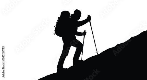 Vector silhouette of a hiker climbing a hill