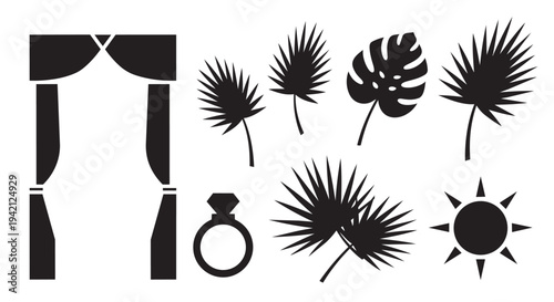 Wedding ceremony elements collection with palm trees and engagement ring simple vector illustrations set