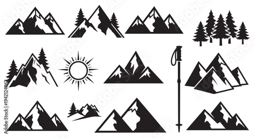 Collection of black silhouette mountain range and nature elements for design and illustration purposes together