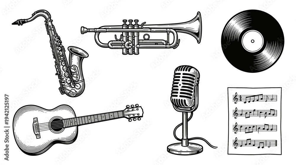 Naklejka premium Musical instruments and music elements arranged in a graphic illustration showcasing a trumpet, microphone, vinyl, guitar, saxophone, and musical notes.