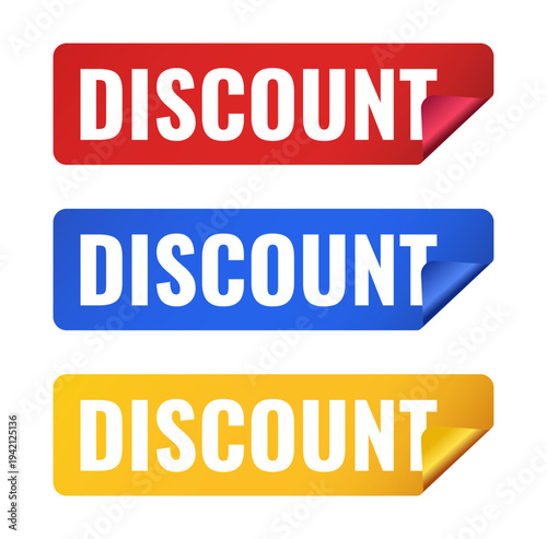 Collection of rectangular discount labels in red, blue, and yellow with curled corners for marketing promotions