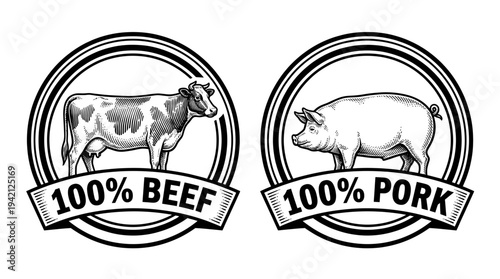 Black and white illustrations of beef and pork labels featuring cow and pig in circular frames, showcasing quality meat products.
