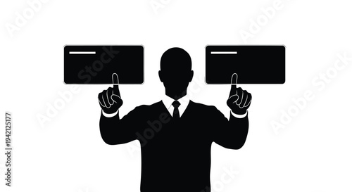 Black silhouette of a businessman holding two credit card icons vector