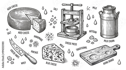 Dairy products and cheese making equipment on display in a rustic kitchen setting from a straightforward viewpoint