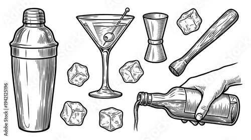 Hand pouring drink from bottle into martini glass surrounded by cocktail shaker and ice cubes in a bar illustration