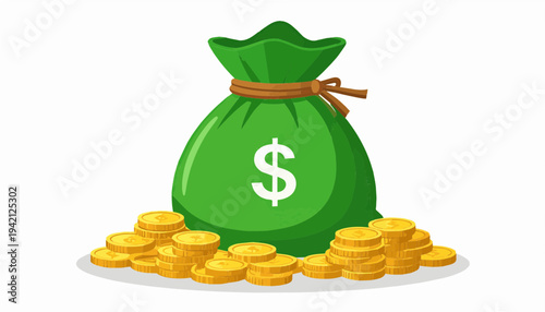 This high-quality vector illustration features a vibrant green sack full of money, tied with a brown rope, and decorated with a white dollar symbol ($).