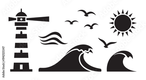 Lighthouse illustration with waves seagulls sun and wind in coastal scenery vector design