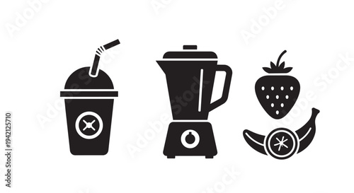 Smoothie blender with fresh fruits and beverage cup black silhouette graphic design elements