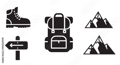 Hiking travel icons set including backpack, mountains, hiking boots and directional sign vector illustrations