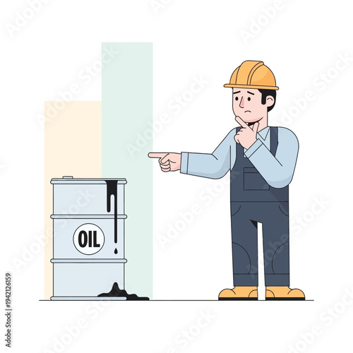 Worker in hard hat points at oil barrels with a worried expression, illustrating oil price fluctuations.