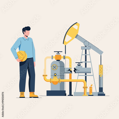 Oil and gas industry worker with pumpjack.