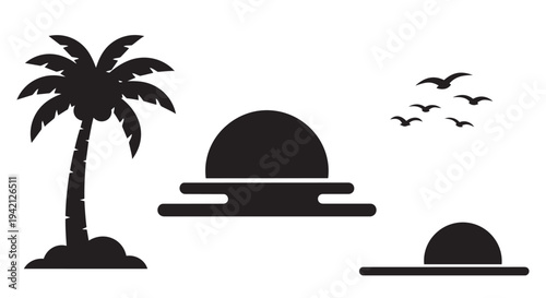 Tropical island landscape vector illustration with palm tree and seascape elements in simple design