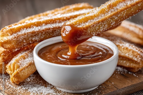 Delicious churros being dipped in a bowl of caramel sauce on a wooden surface, a close-up shot capturing the sweet indulgence and textures of the dessert.
