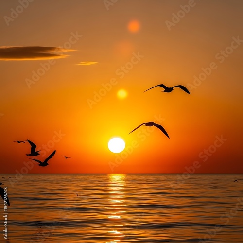Seagulls flying over sunset ocean waves.