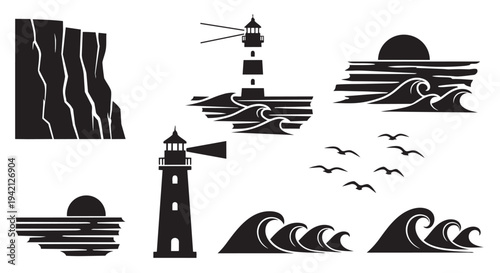 Collection of lighthouse and ocean elements in black silhouette style designs for coastal themes